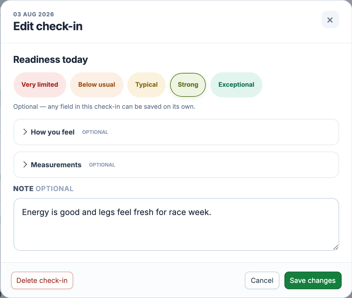 EffortSignal self check-in editor with subjective factors, measurements, and a note