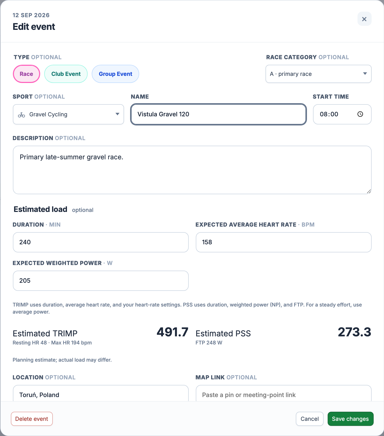 EffortSignal race editor with priority, route context, preparation, TRIMP, and PSS