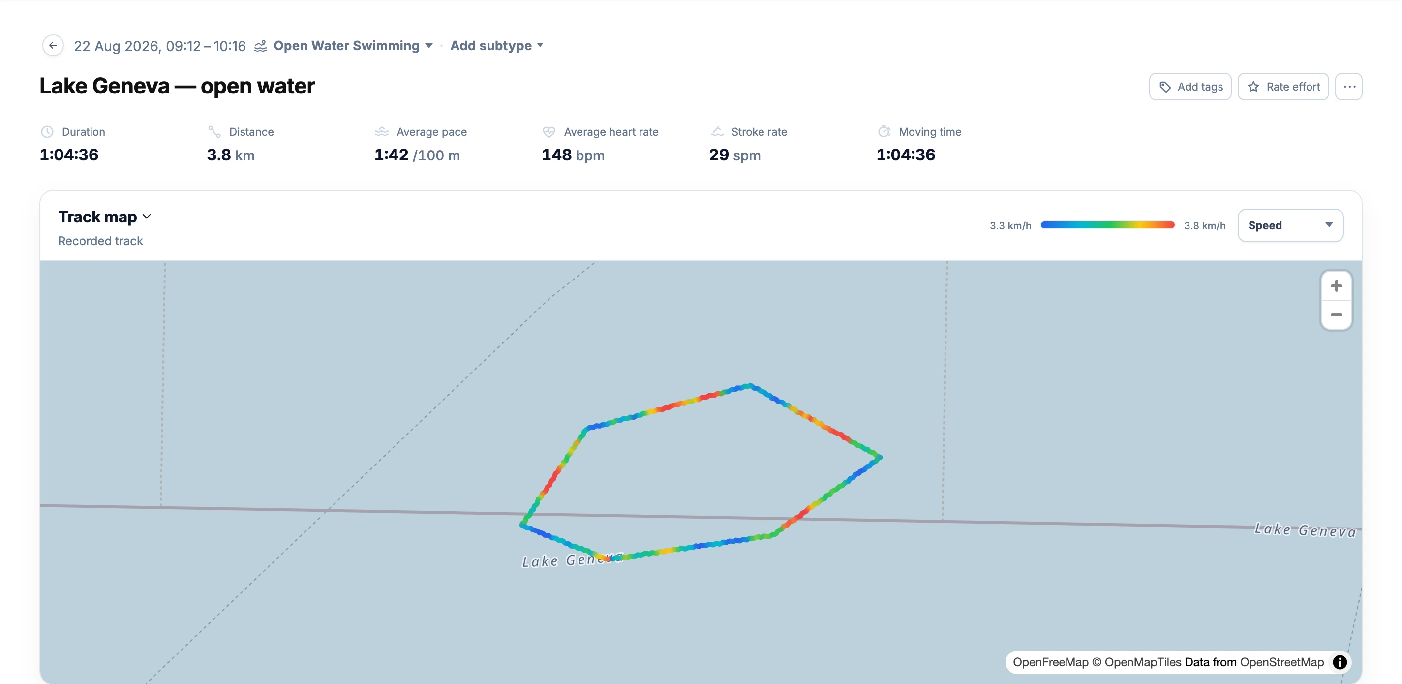 A loop in Lake Geneva is coloured by recorded swimming speed beneath the activity summary