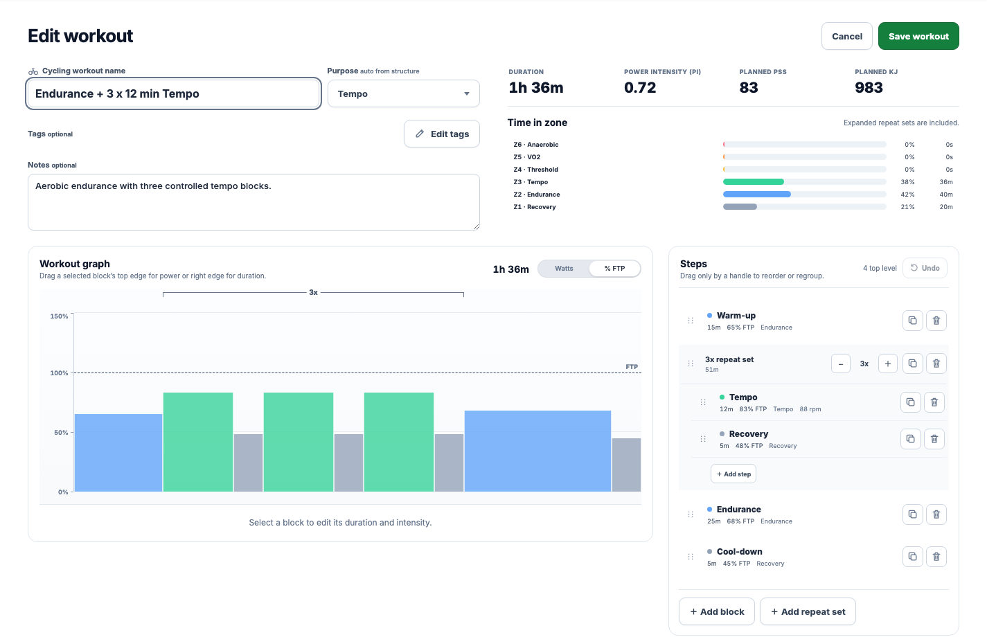 EffortSignal structured workout builder with three tempo intervals